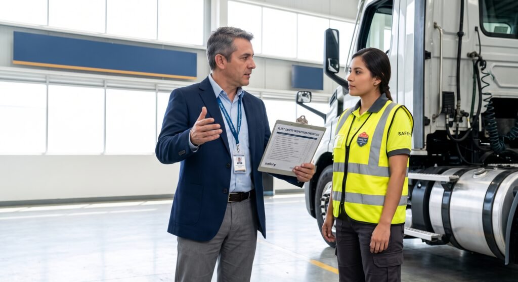 Asesores en instalaciones logísticas revisando documentación con camionero